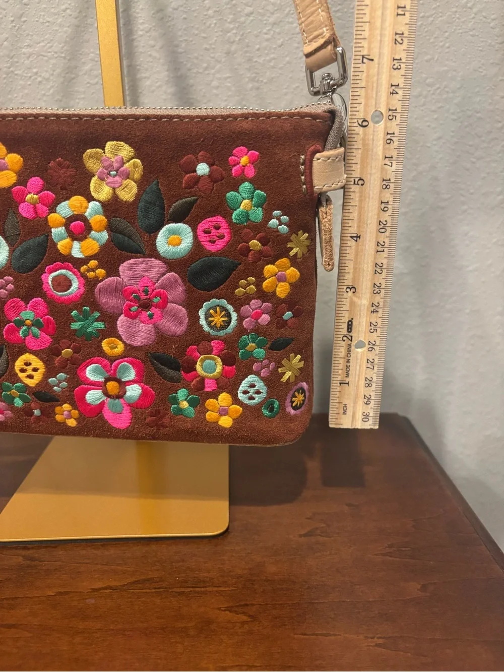 Consuela Brown Suede Embroidered Floral Crossbody Shoulder Bag Adjustable Strap